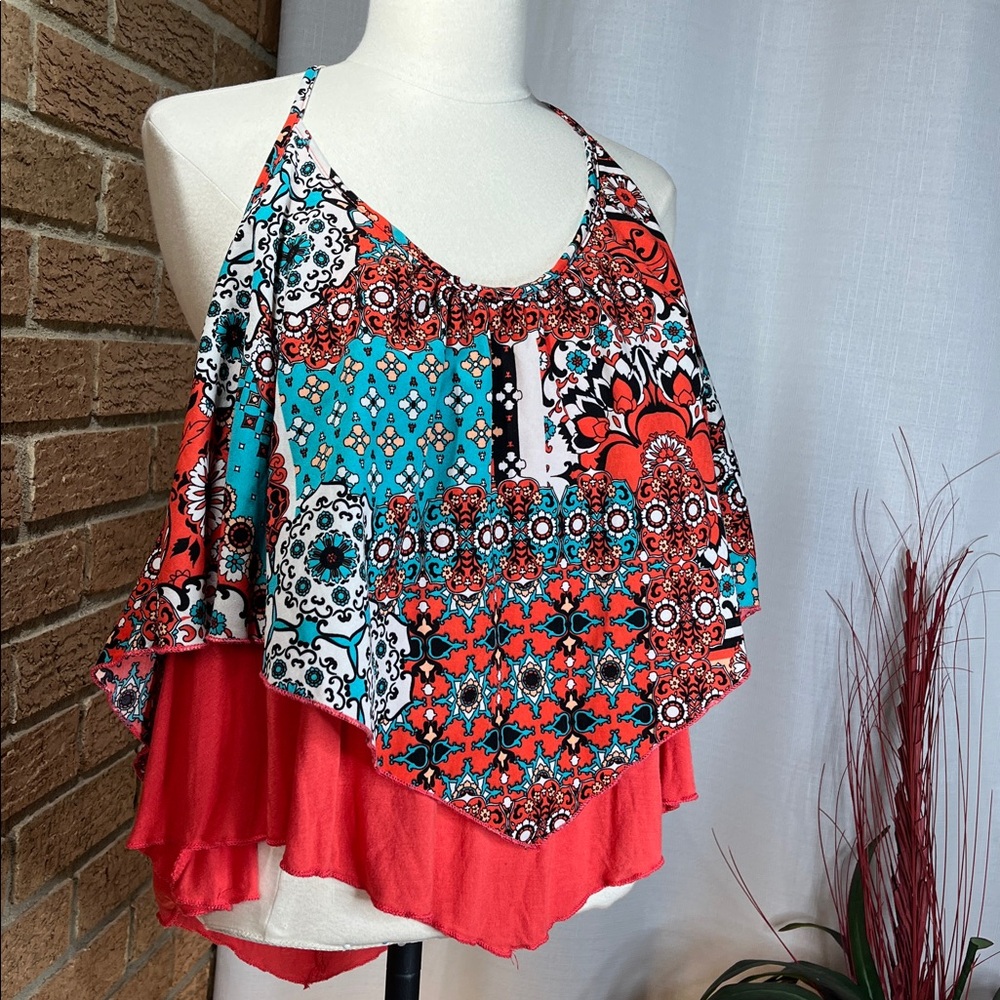 LRue21 Boho Paisley Handkerchief Hem Tank Coral Turquoise Festival Top XL